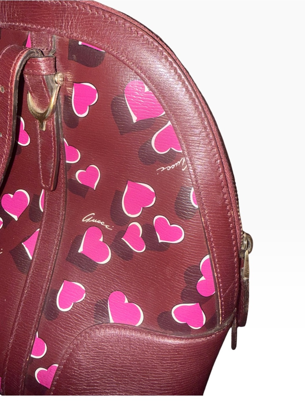 Gucci Vintage Y2K Burgundy Pink Heart Print Dome Satchel Shoulder Bag - Picture 4 of 11